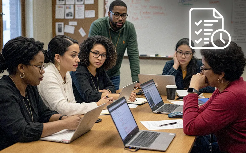 Instructional leadership team meeting around a table reviewing PLC agendas and minutes on a laptop.