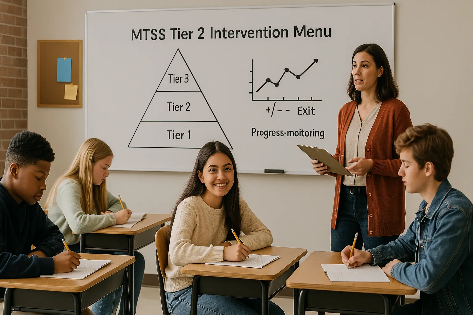 Teacher leading a middle school class with an MTSS Tier 2 intervention menu and progress monitoring graph displayed on the whiteboard.