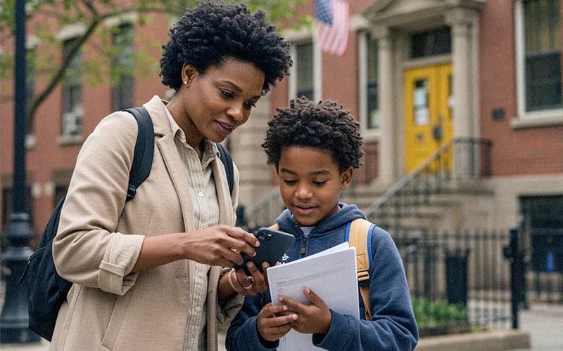 Caregiver and teen compare NYC public schools online using laptop at home
