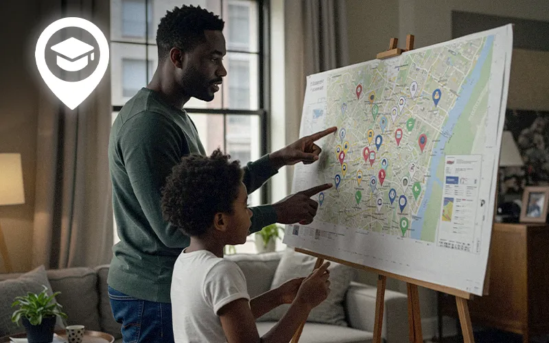 Parent and child review an NYC school zone map and nearby options