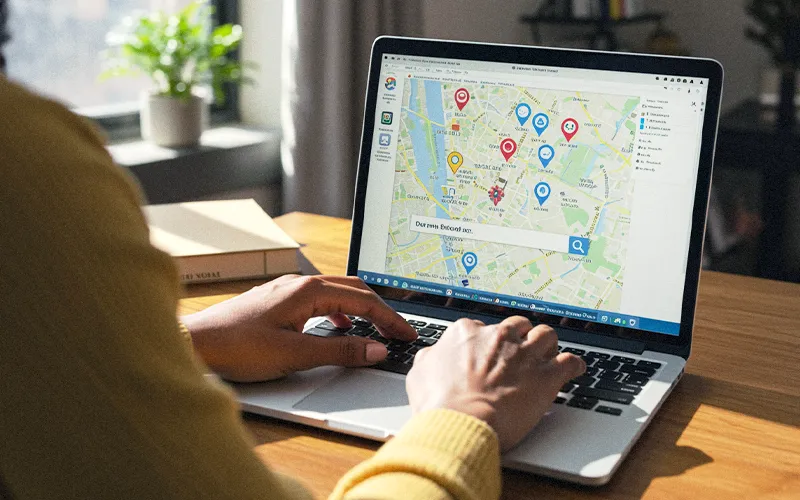 Hands search an interactive map to find a child's NYC zoned school