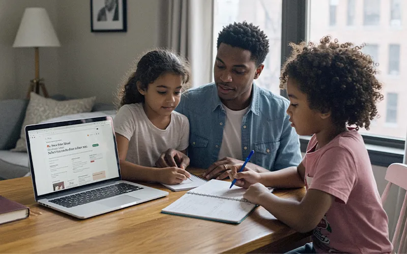 Parent helps children track NYC school admissions deadlines using a laptop and notebook