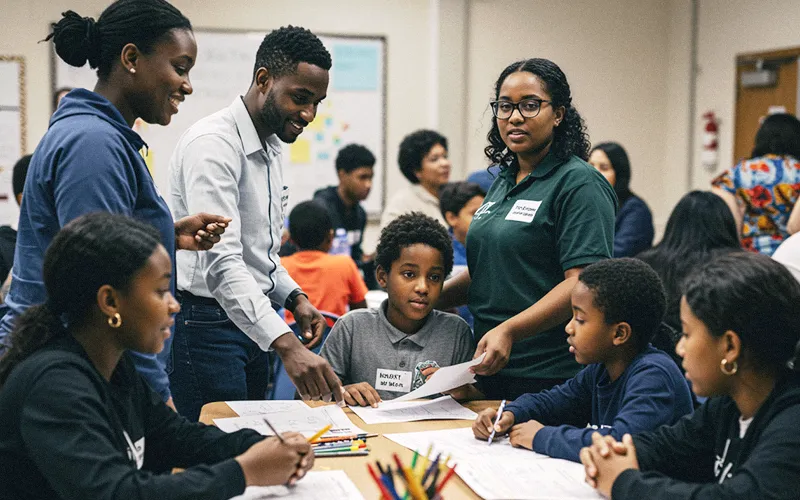 Teachers and families collaborate at a school event supporting inclusive, multilingual family engagement