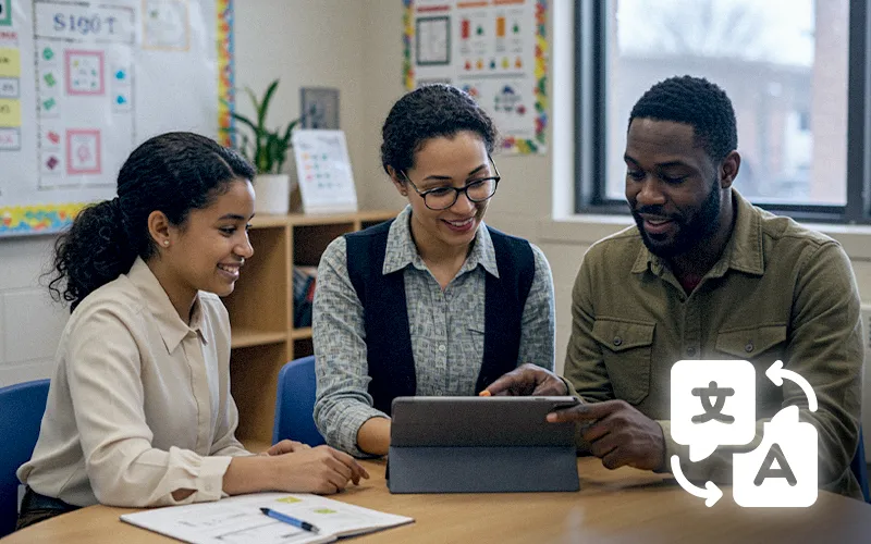 Educators collaborate using tablet translation tools to engage multilingual families at school