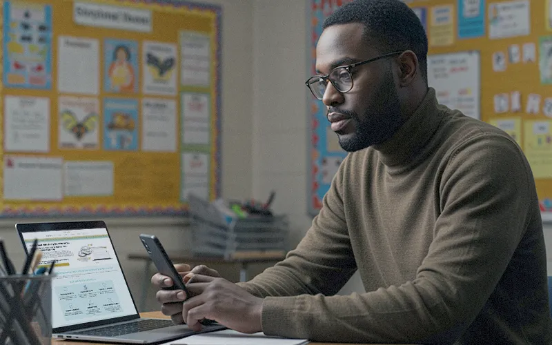 Teacher reviews translated family messages on phone and laptop to support multilingual communication