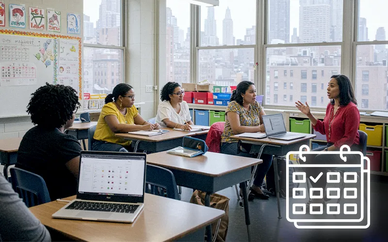 Educators meet to plan schoolwide calendars and sustainable family engagement strategies