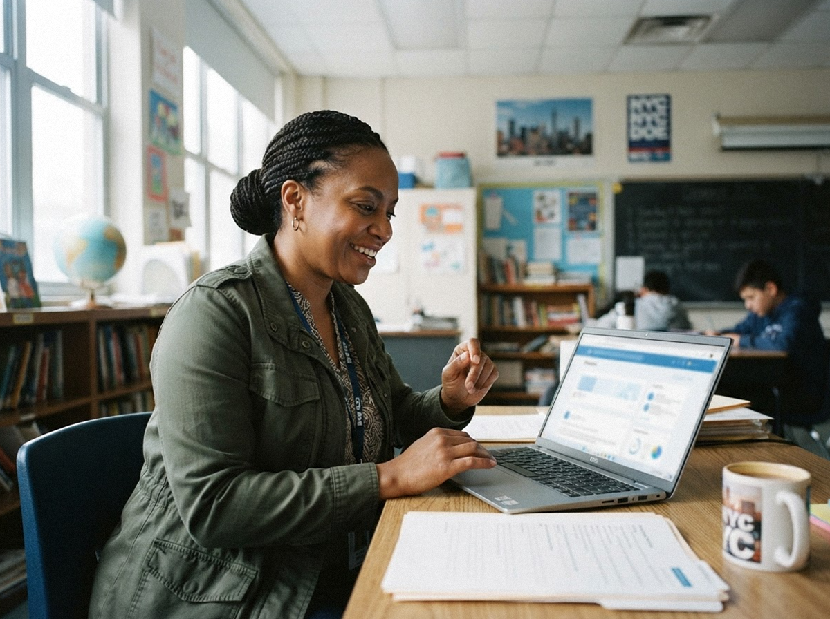 New York teacher checking her CTLE registration deadline in TEACH on a laptop