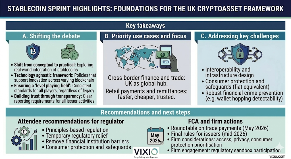 Graphic showing key takeaways from the FCA's Stablecoin Sprint, plus recommendations and next steps, as outlined in the article.