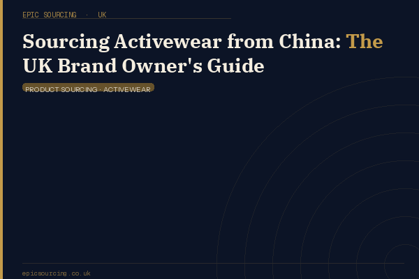Flat-lay of private label activewear samples — leggings, sports bra and gym top — sourced from a Chinese manufacturer for a UK brand owner
