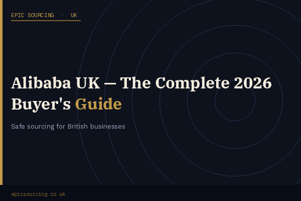 British business owner browsing Alibaba on a laptop with shipping containers in the background, representing UK businesses sourcing products from China in 2026