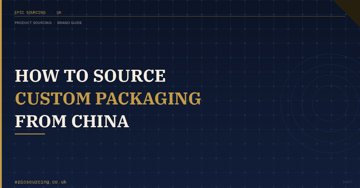 Custom branded packaging boxes and mailer boxes sourced from China for a UK brand, displayed on a clean white surface with product samples