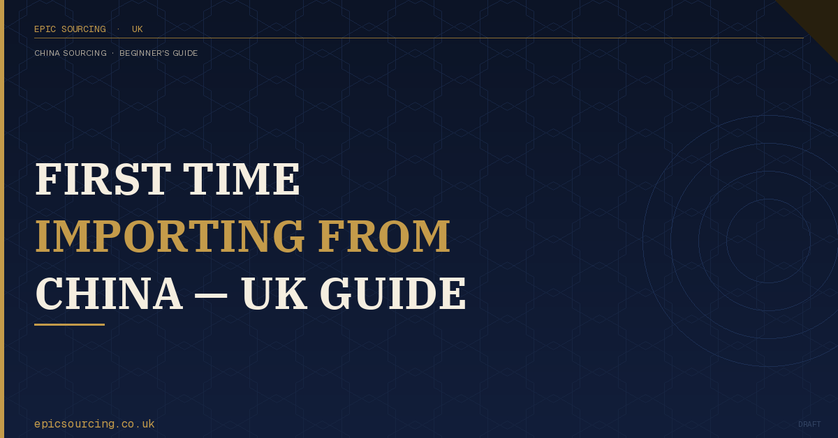 First-time UK importer reviewing product samples and shipping documents from China at a desk covered in paperwork