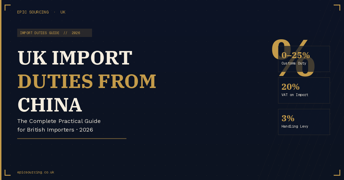 UK importer reviewing customs duty documents and import tariff calculations for goods from China