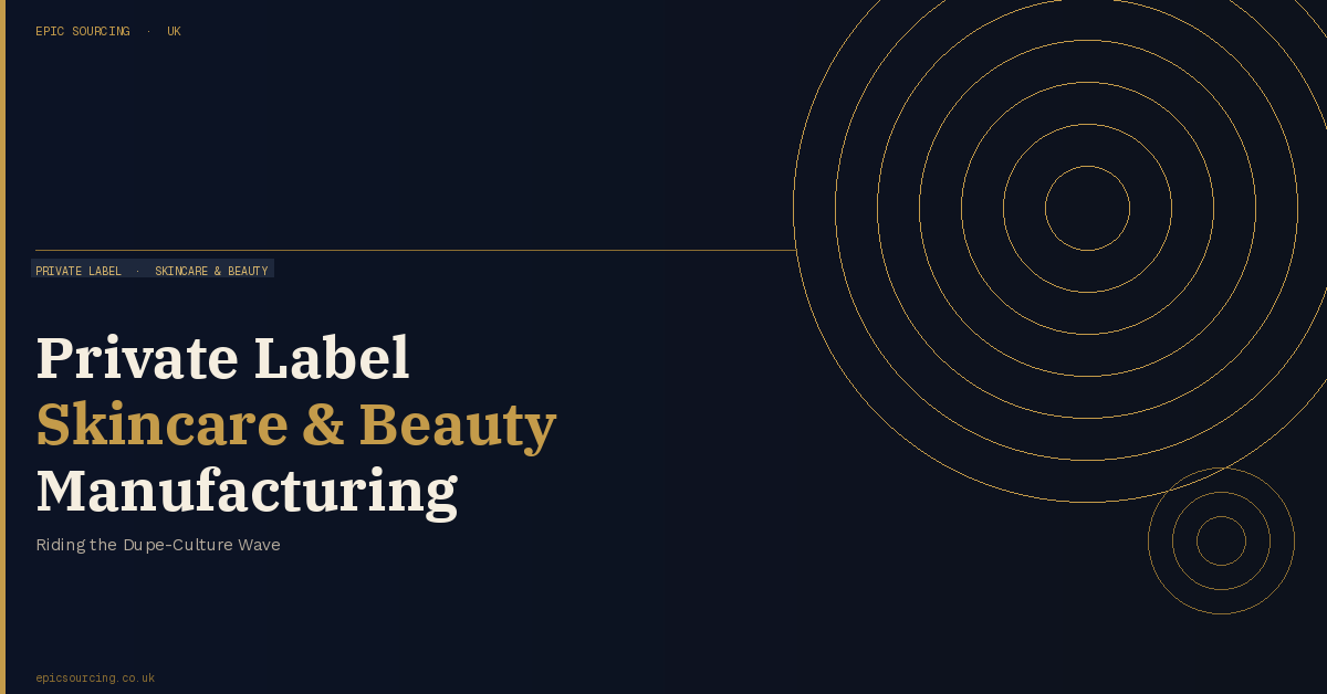Private label skincare and beauty products lined up on a white surface, representing UK brand development from Chinese manufacturers