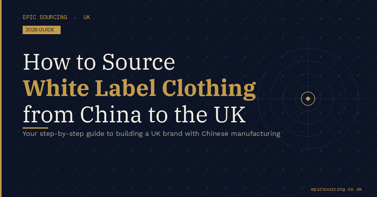 Rack of white label clothing garments in a Chinese factory ready for UK brand labelling
