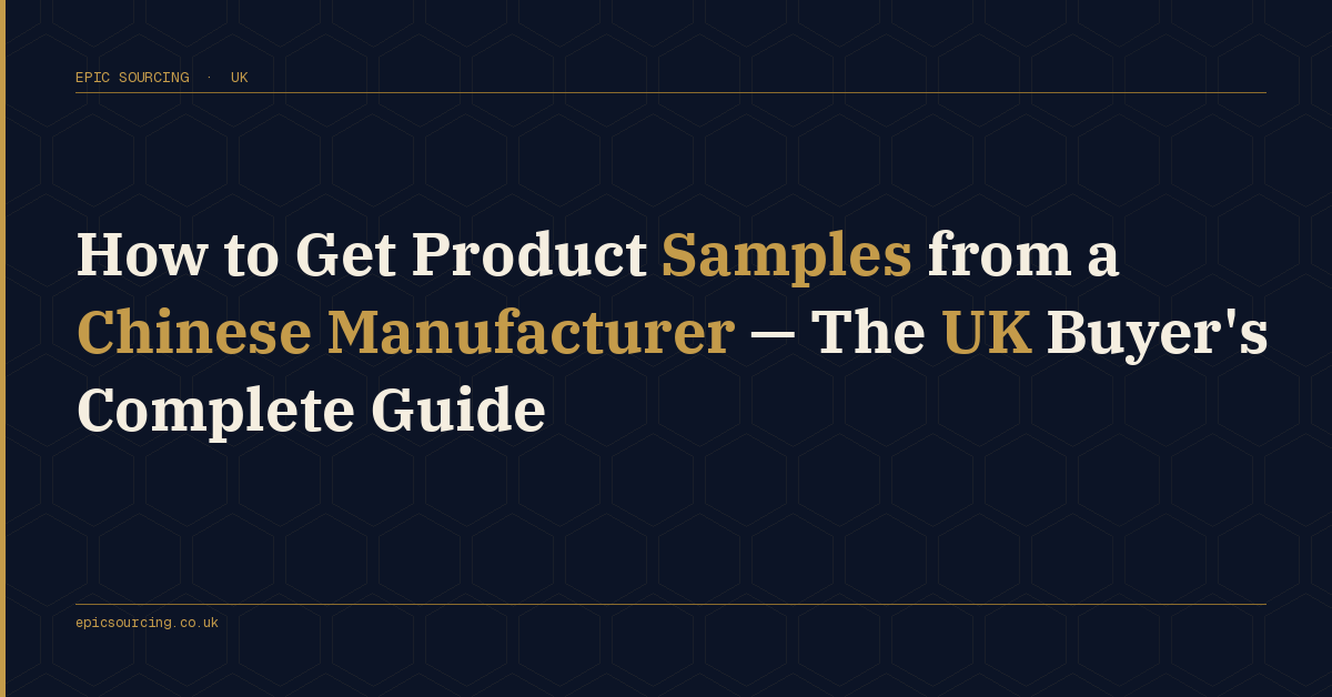 A product sample being carefully inspected at a quality control station, with specification documents and a checklist, representing the sampling process for UK importers sourcing from China.
