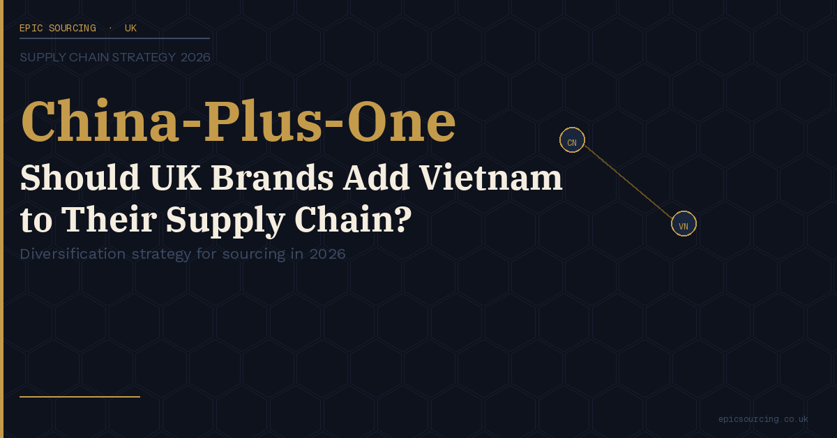 UK entrepreneur reviewing a map of China and Vietnam manufacturing hubs, planning a dual-source supply chain strategy for their brand