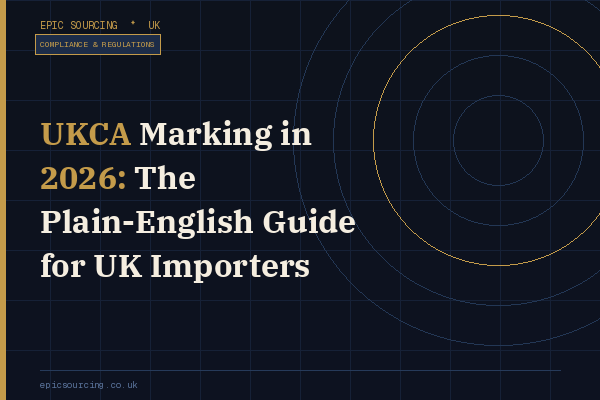 The UKCA marking symbol on product packaging representing UK conformity assessment for goods imported from China