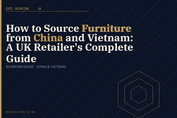 UK retailer inspecting furniture samples in a Chinese factory showroom, with wooden chairs and sofas on display