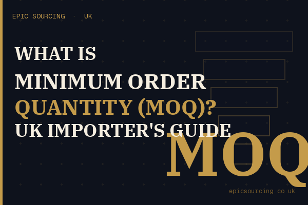 UK business owner reviewing minimum order quantity paperwork with Chinese factory samples on a desk