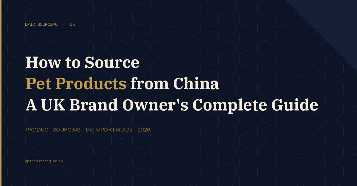 Assortment of pet products including dog leads, cat toys and grooming brushes with Chinese factory in background