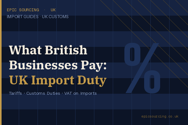 UK customs declaration form and shipping containers representing import duty costs from China