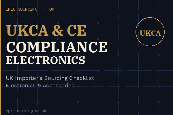 Electronics accessories including USB cables, chargers and Bluetooth speakers arranged on a desk with UKCA and CE marking compliance labels visible