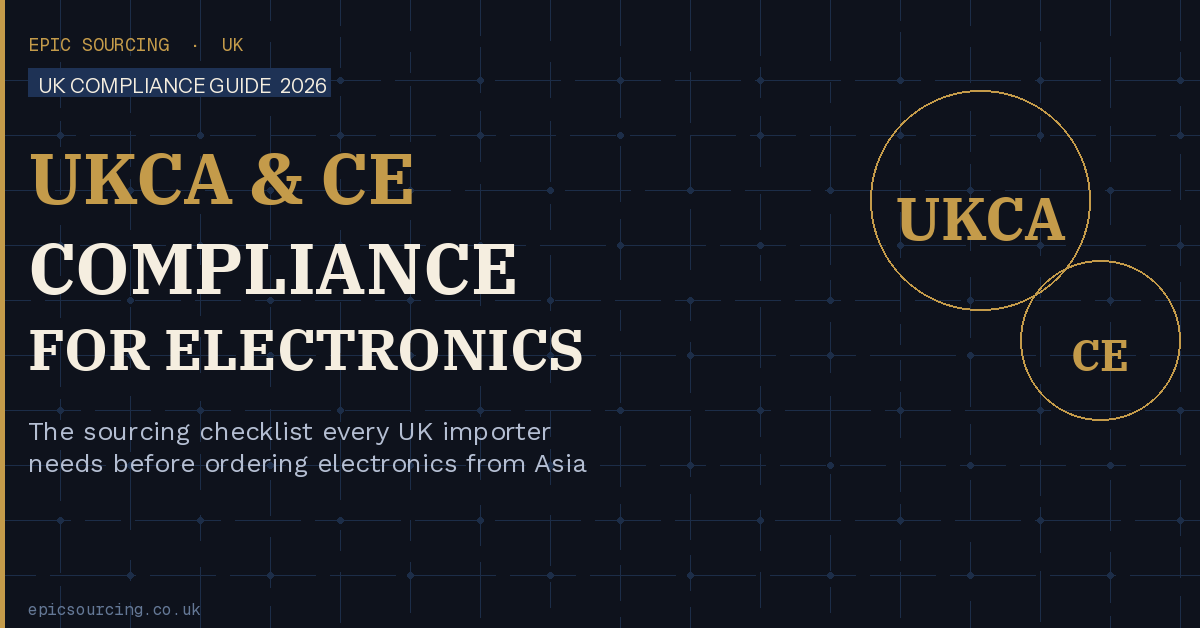 Electronics accessories including USB cables, chargers and Bluetooth speakers arranged on a desk with UKCA and CE marking compliance labels visible