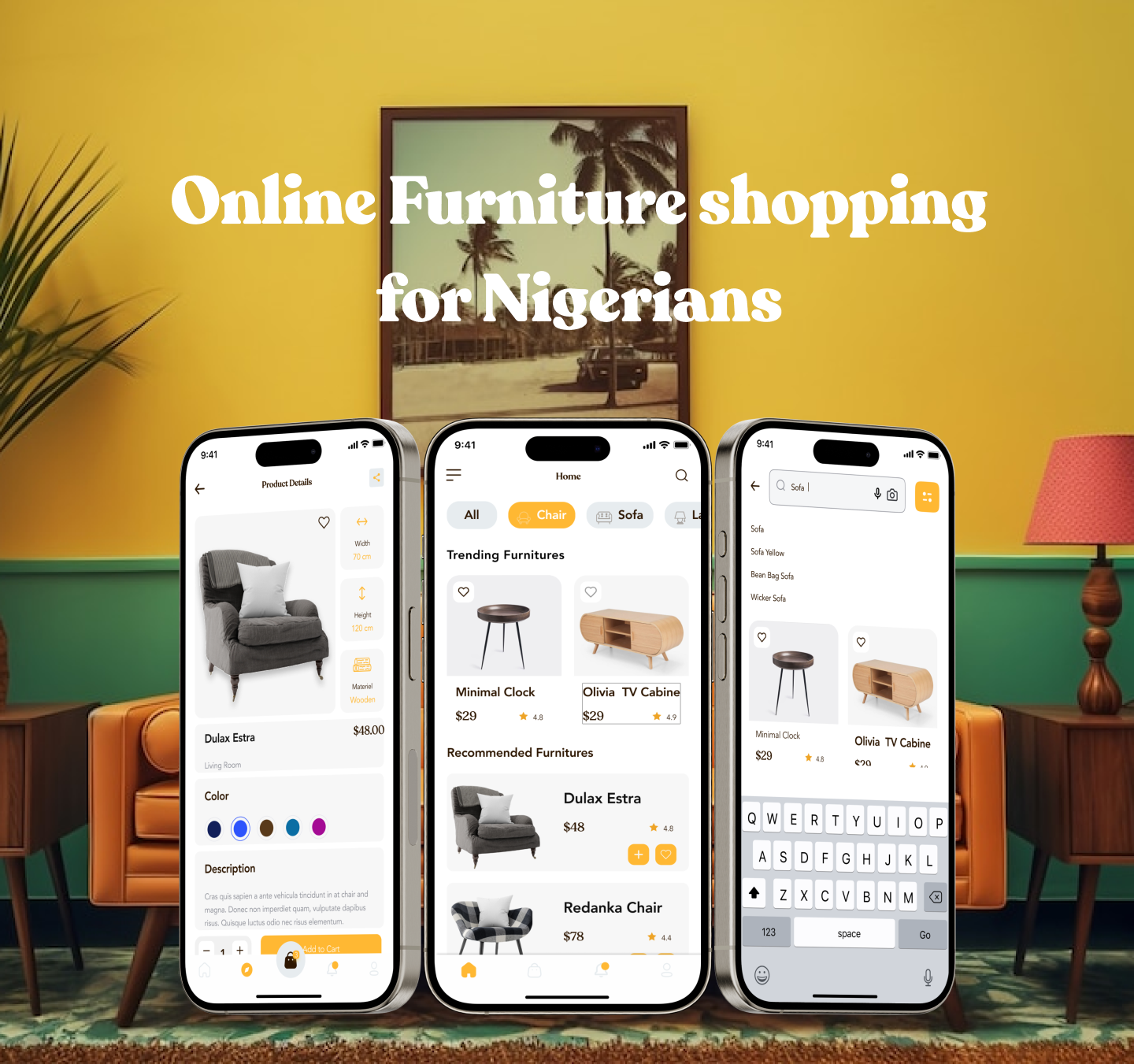Header Image showing Online furniture shopping for Nigerians. with a superhero stance of the app screen