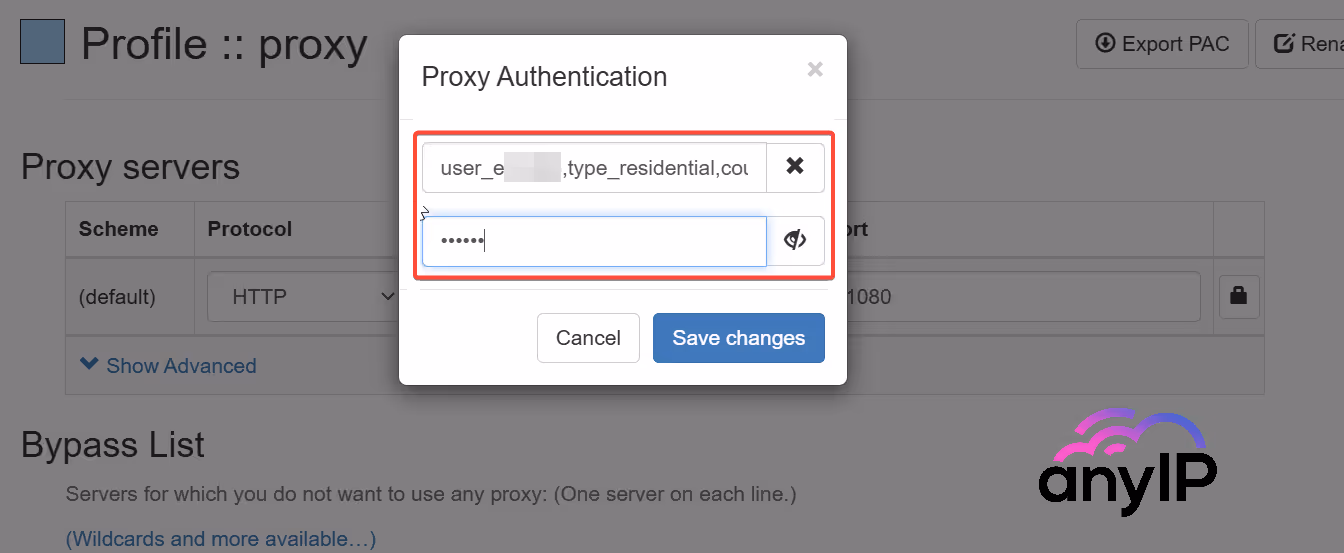 A detailed view of how to add your proxy username and password in ZeroOmega panel