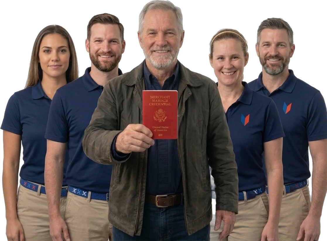 A mariner holding his Merchant Mariner Credential with the MM-SEAS team behind him