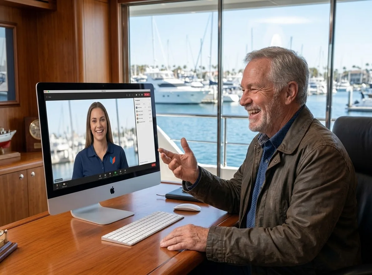 An MM-SEAS licensing expert on a video call with a mariner
