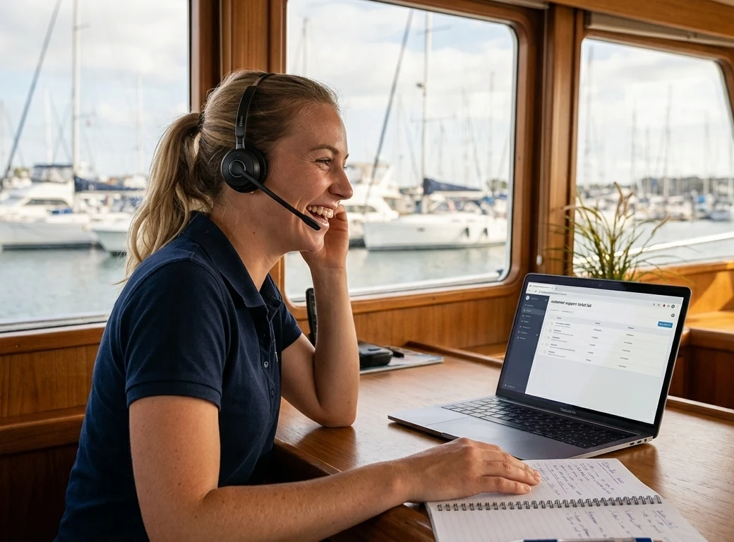 An MM-SEAS Customer Success Advocate laughing on a call with a mariner