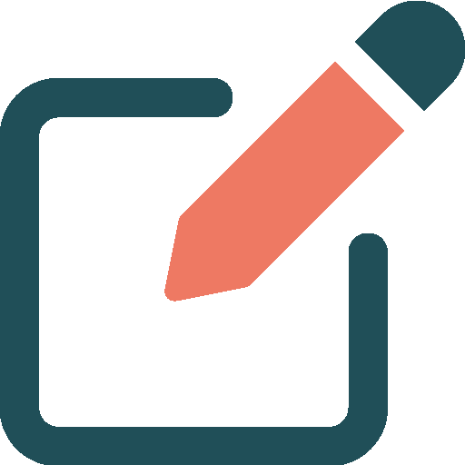 Icône d'un crayon orange penché sur un carré bleu représentant la fonction modifier.