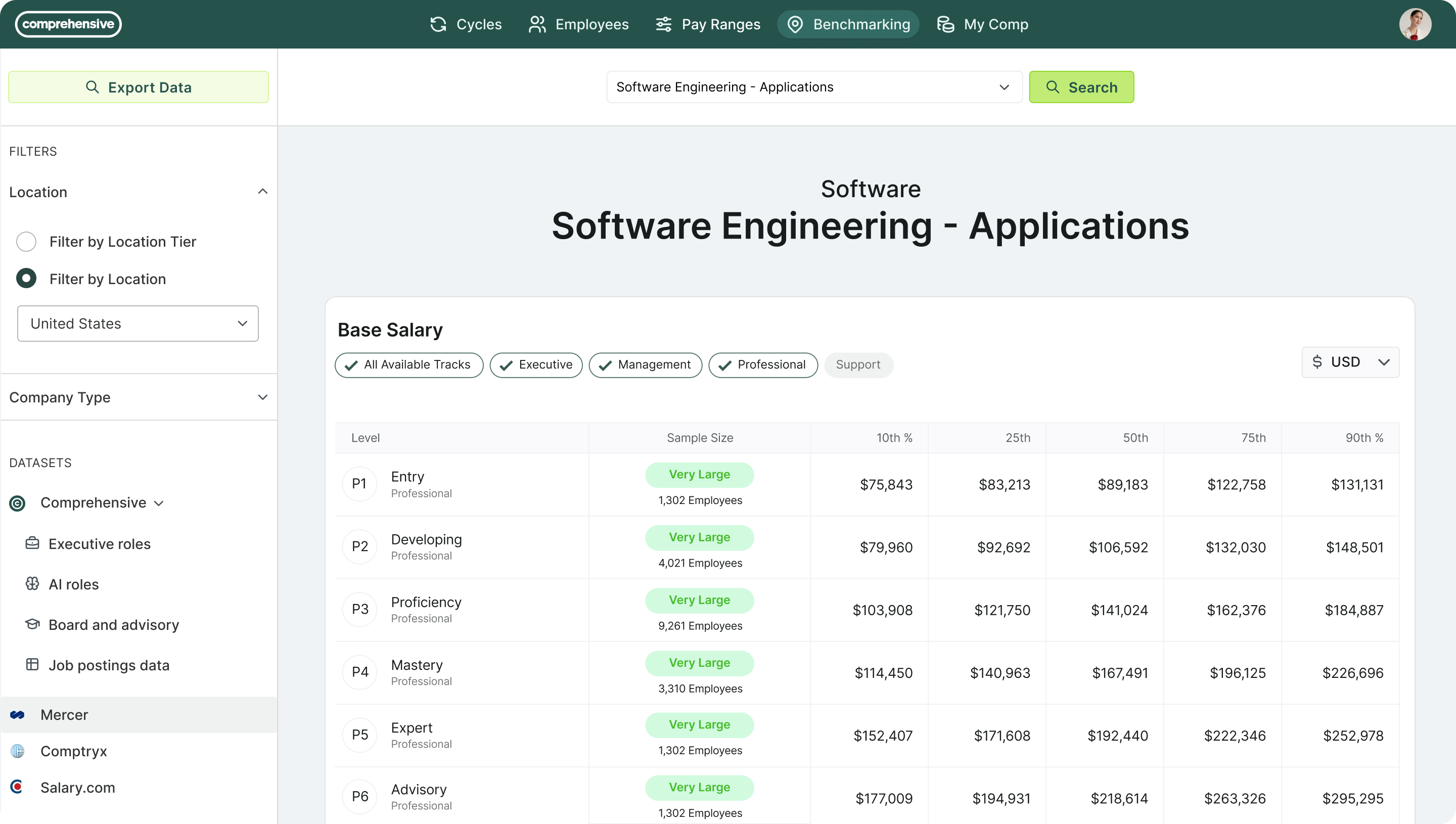 Example of compensation benchmarking software from Comprehensive showing market-based salary data for a software engineer.