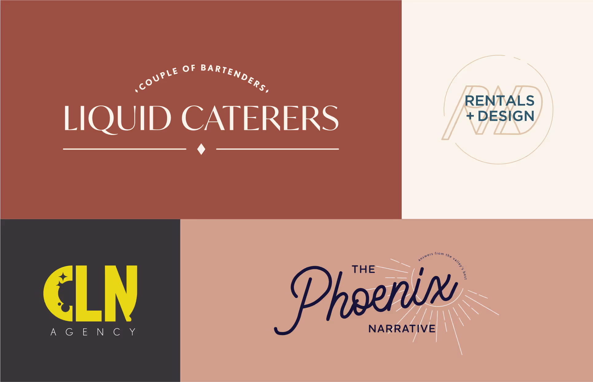 I spearheaded the development of fresh brand identities for multiple clients, including Liquid Caterers, RAD Rental and Design, CLN Agency, and Phoenix Narrative Blog, crafting cohesive visuals and distinct aesthetics that communicate each brand’s unique story and values.