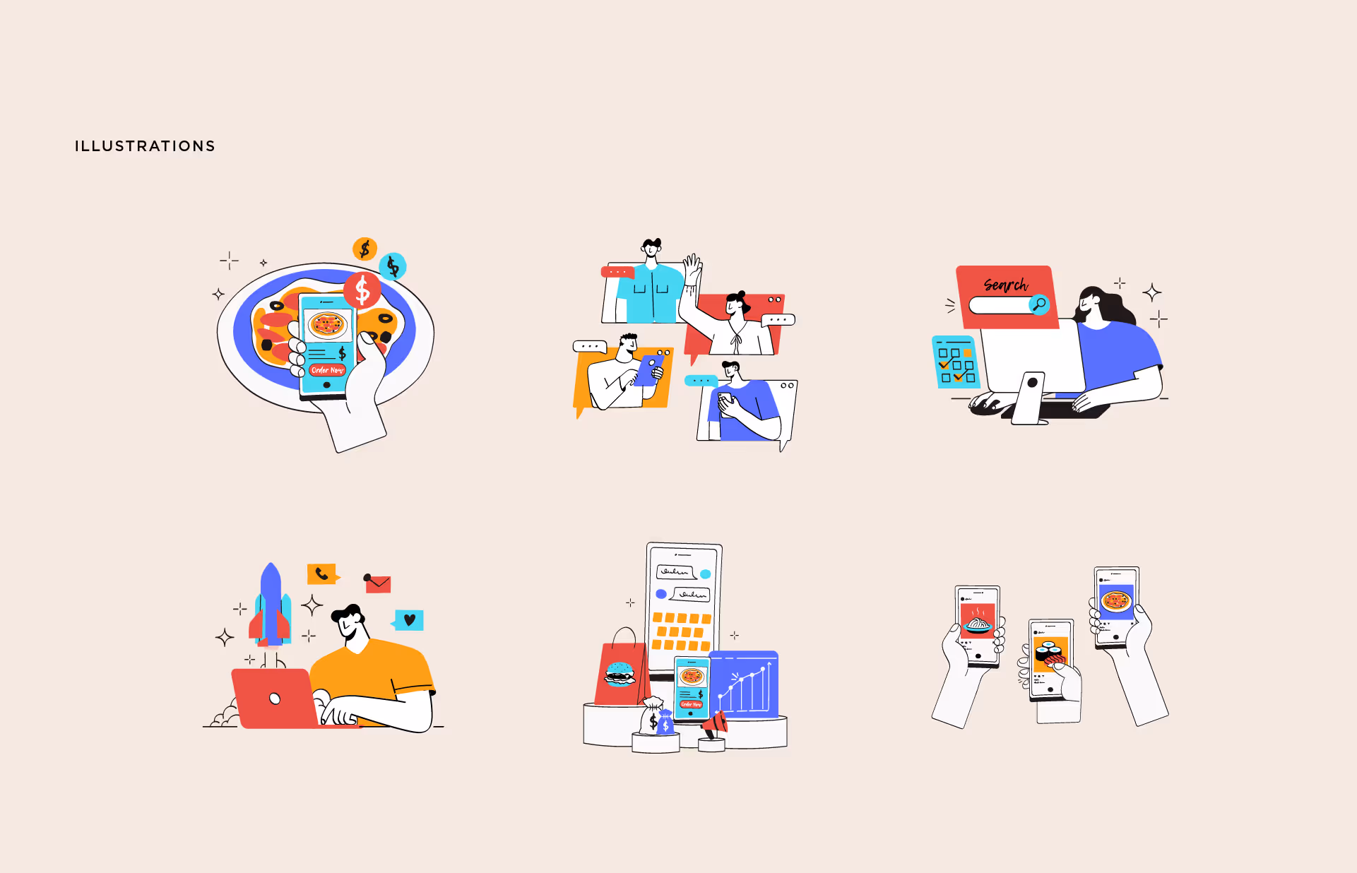 Six colorful digital illustrations depicting online food ordering, group chat, desktop search, entrepreneur with laptop and rocket, e-commerce with smartphone and shopping bags, and hands holding smartphones showing different food items.