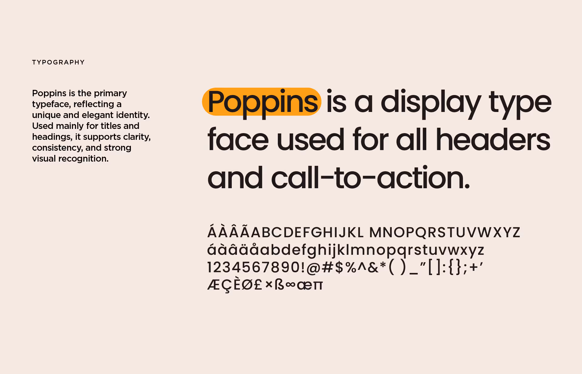 Typography sample showing Poppins as the primary typeface with letters, numbers, and symbols in a clean, modern style.