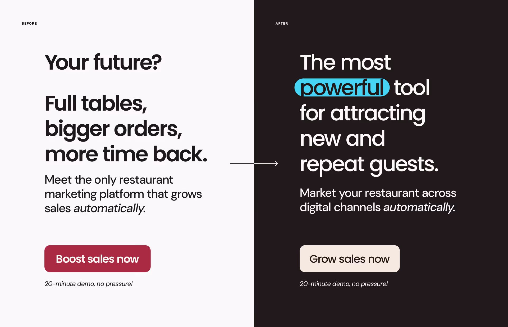 Side-by-side comparison of restaurant marketing messages before and after rebranding, highlighting growth in sales and guest attraction.
