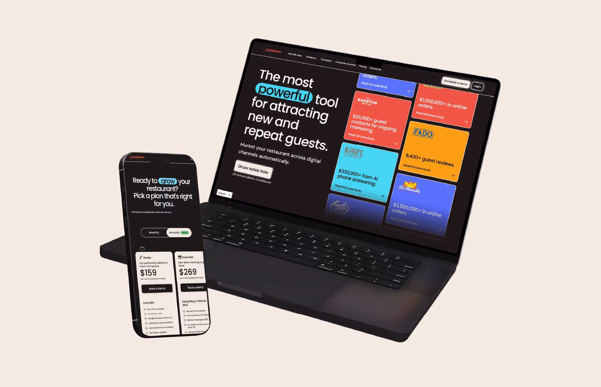 Smartphone and laptop displaying Popmenu marketing and pricing interface for restaurant growth solutions.