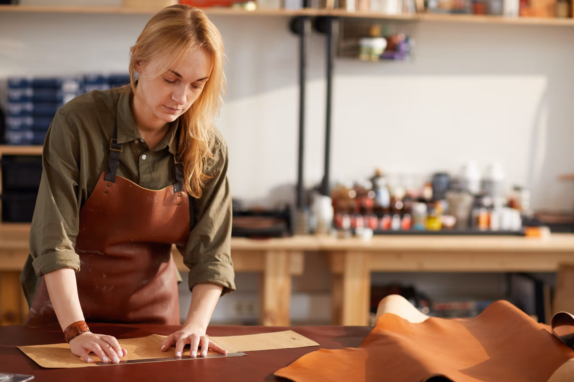 Woman in Leather Shop