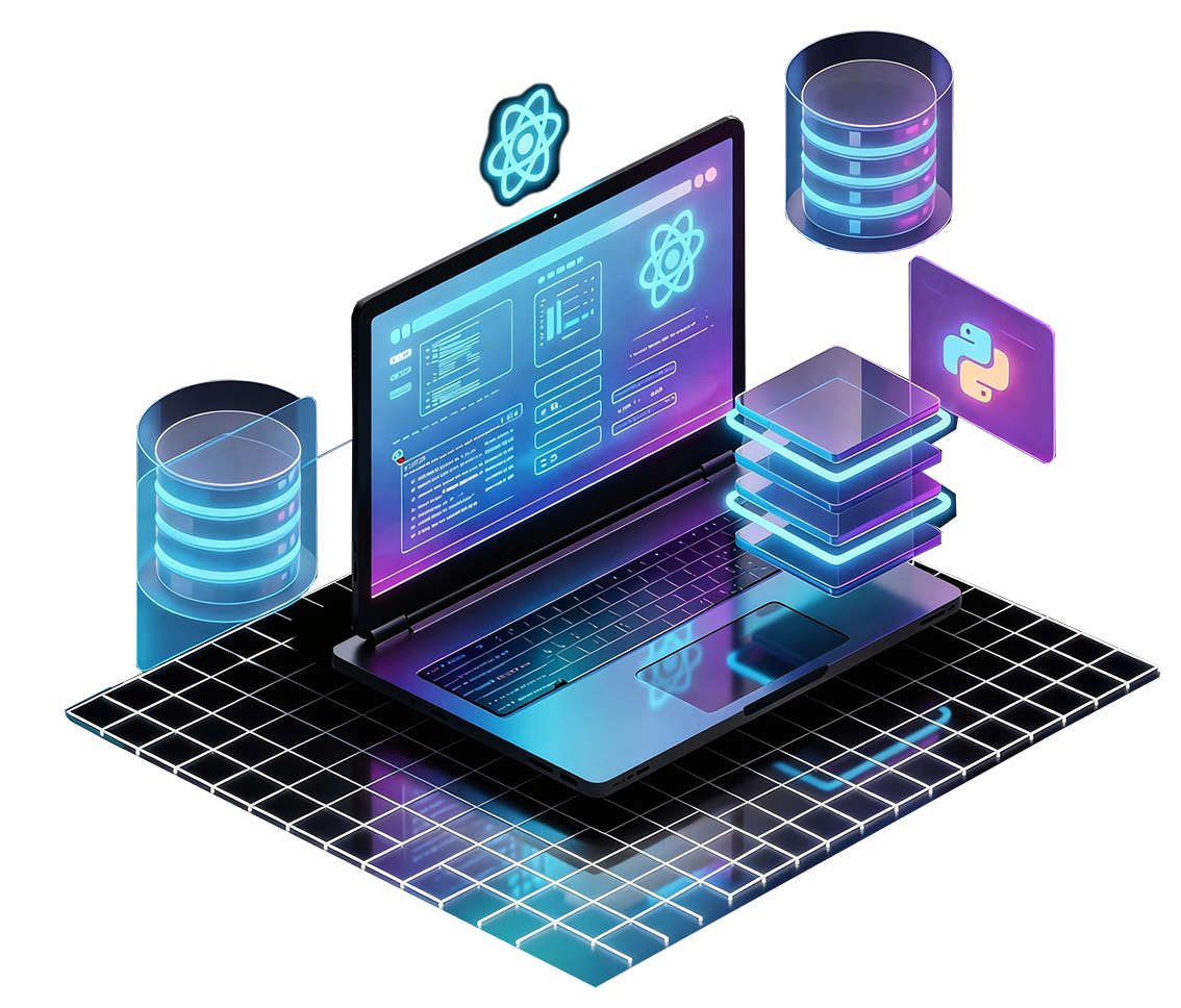 3D illustration of a laptop displaying code with floating database icons and Python and React logos in a futuristic setting.