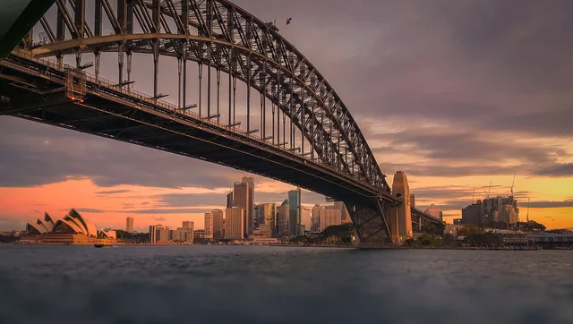 Sydney Harbour Bridge at sunset with city skyline