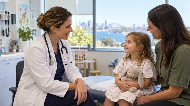 Paediatrician speaking with a mother and young child during a clinic consultation in Australia