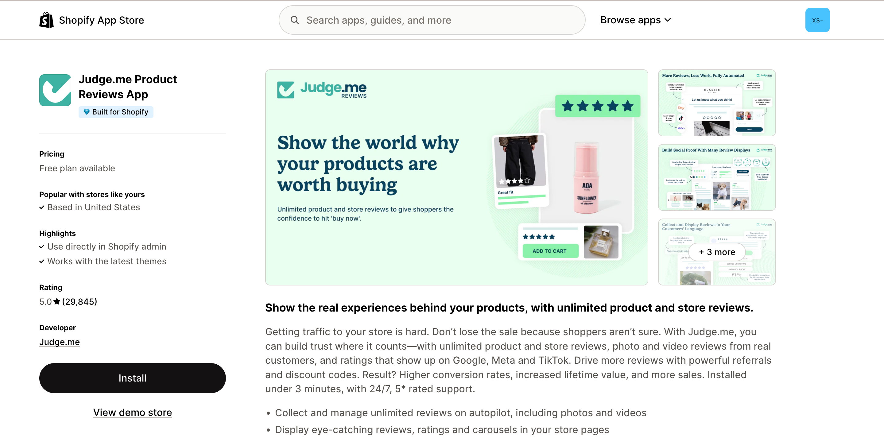 Screenshot of the Judge.me Product Reviews app listing on the Shopify App Store, showing app rating, description, and install button.