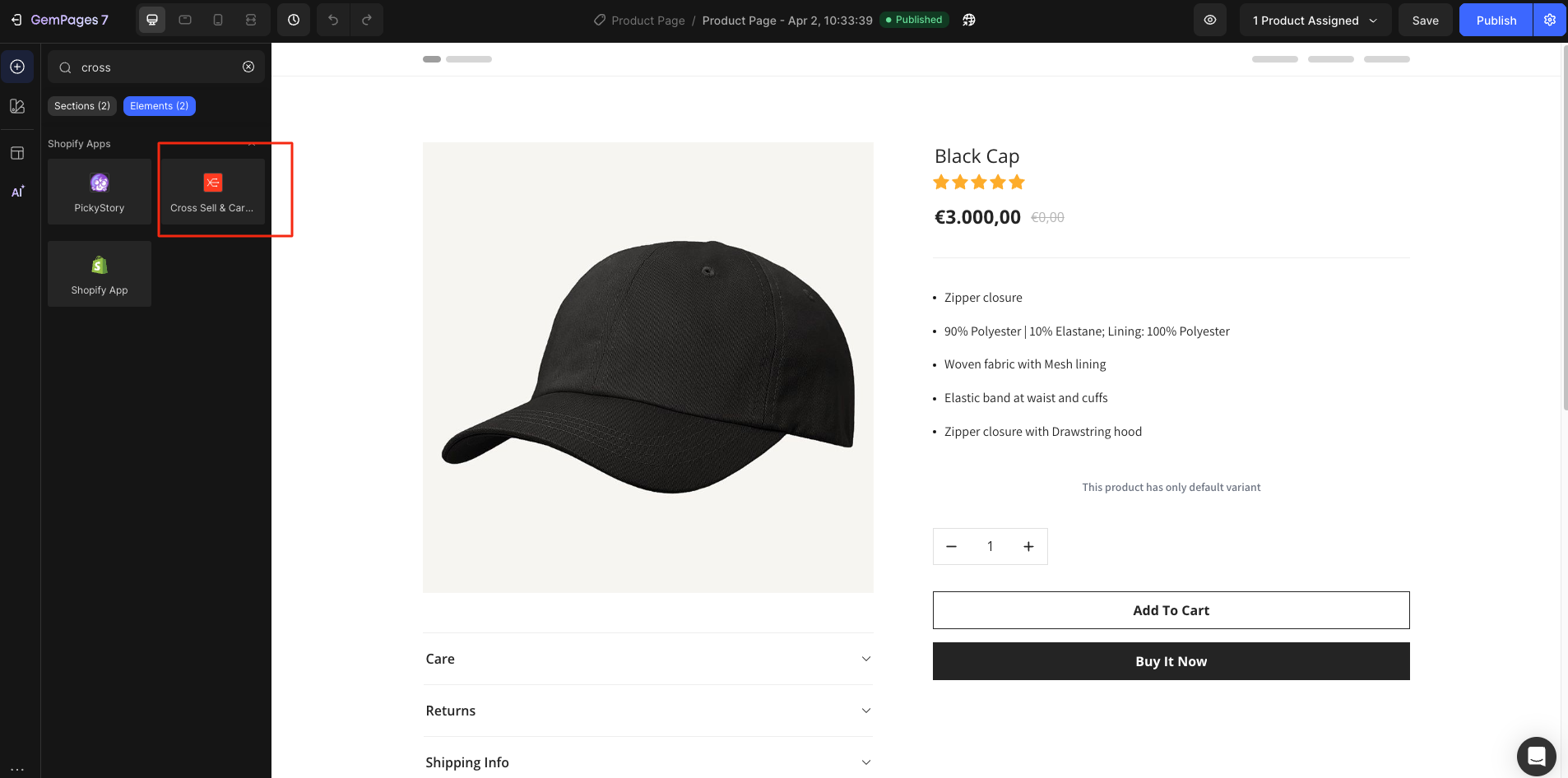 GemPages editor showing the Cross Sell element being dragged onto the page layout, demonstrating how to place upsell offers within the design.