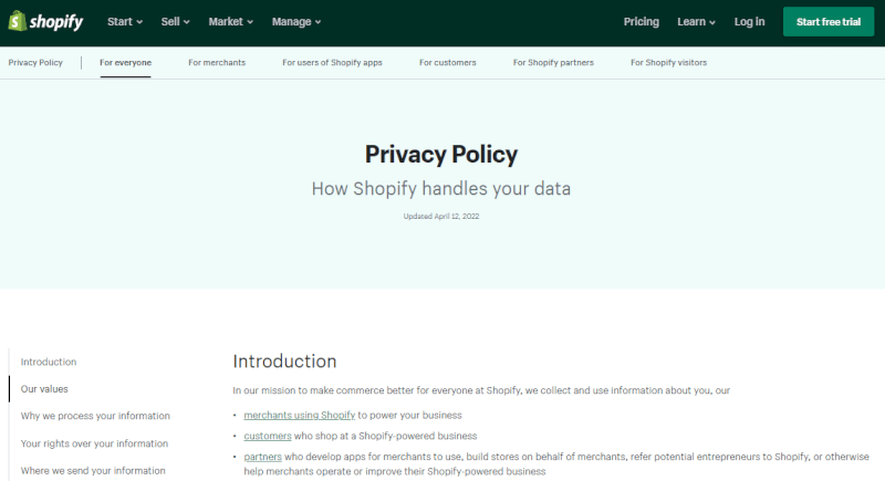 Screenshot of Shopify admin settings showing how to create and customize store policies, including refund, shipping, and privacy policies.