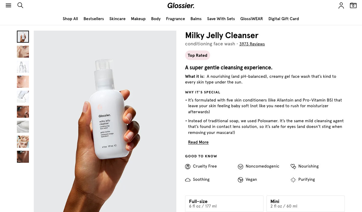 Example from Glossier’s cleanser product page showing a well-structured, keyword-rich product description with headings—demonstrating how Shopify stores can write optimized descriptions that boost SEO, support upsells, and highlight product features clearly.