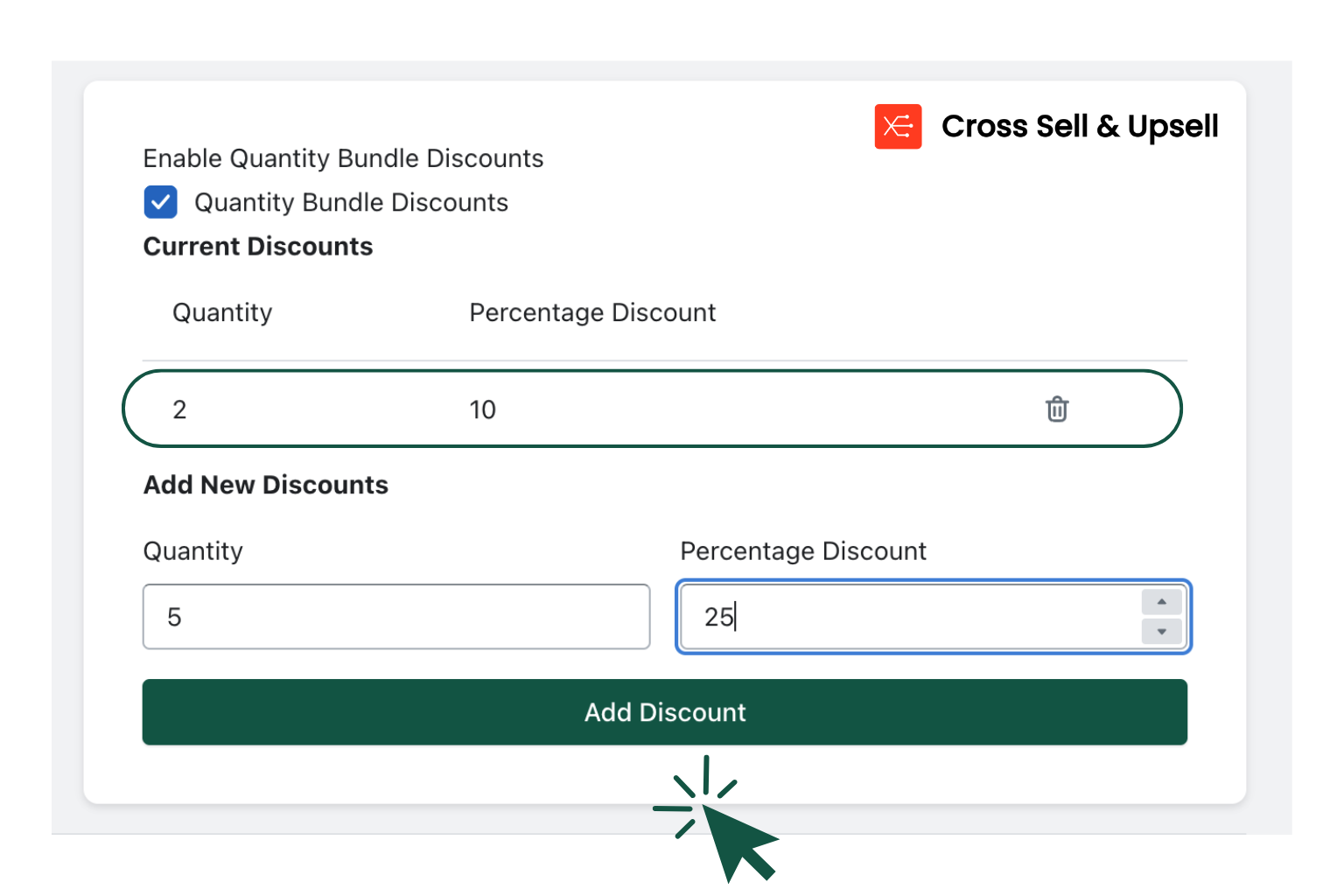 Screenshot of Cross Sell & Upsell app interface showing how to set up quantity discounts for Black Friday and Christmas gift campaigns.