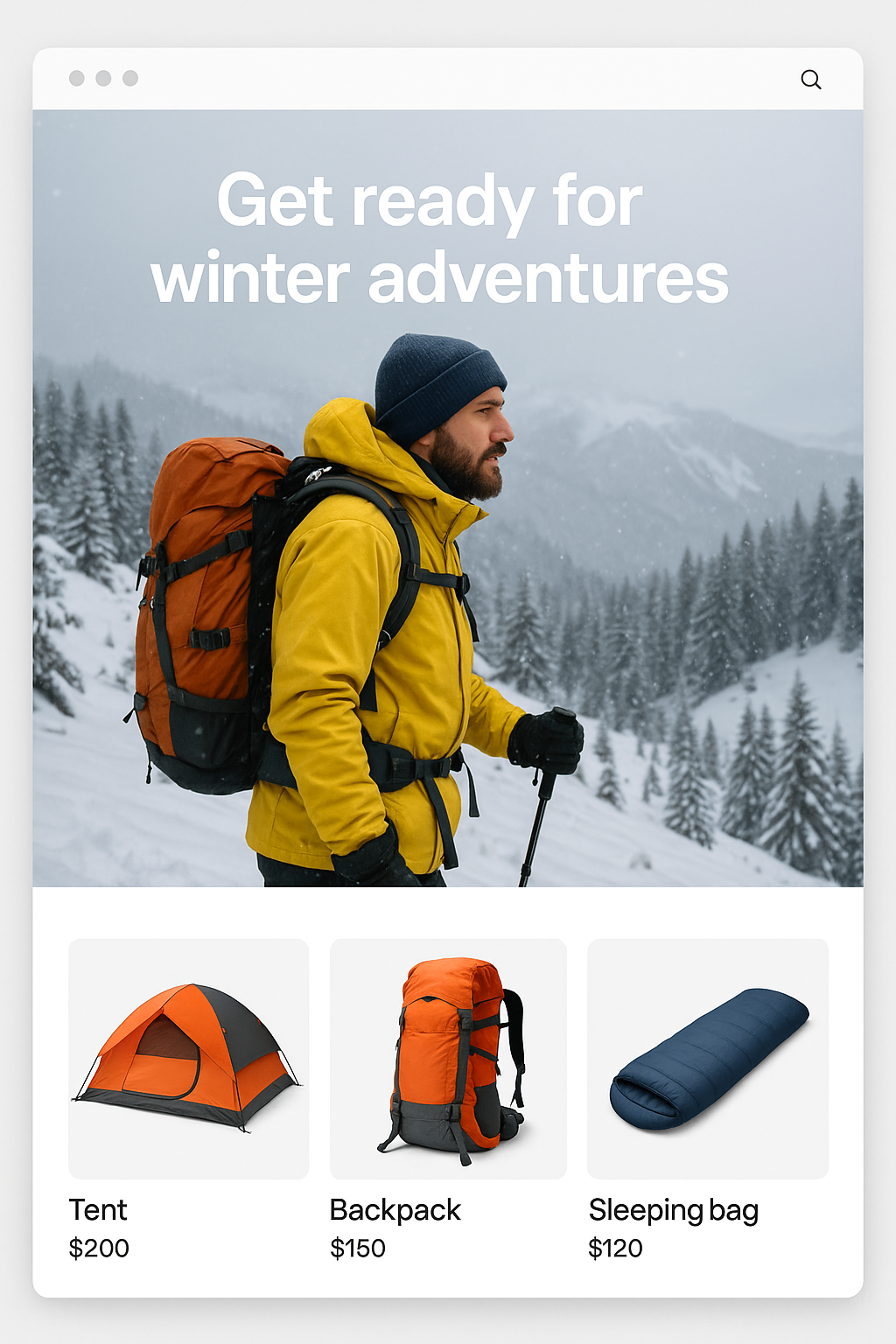 Website mockup showing a hiker in a snowy mountain scene with upsell product recommendations below, including a tent, backpack, and sleeping bag.